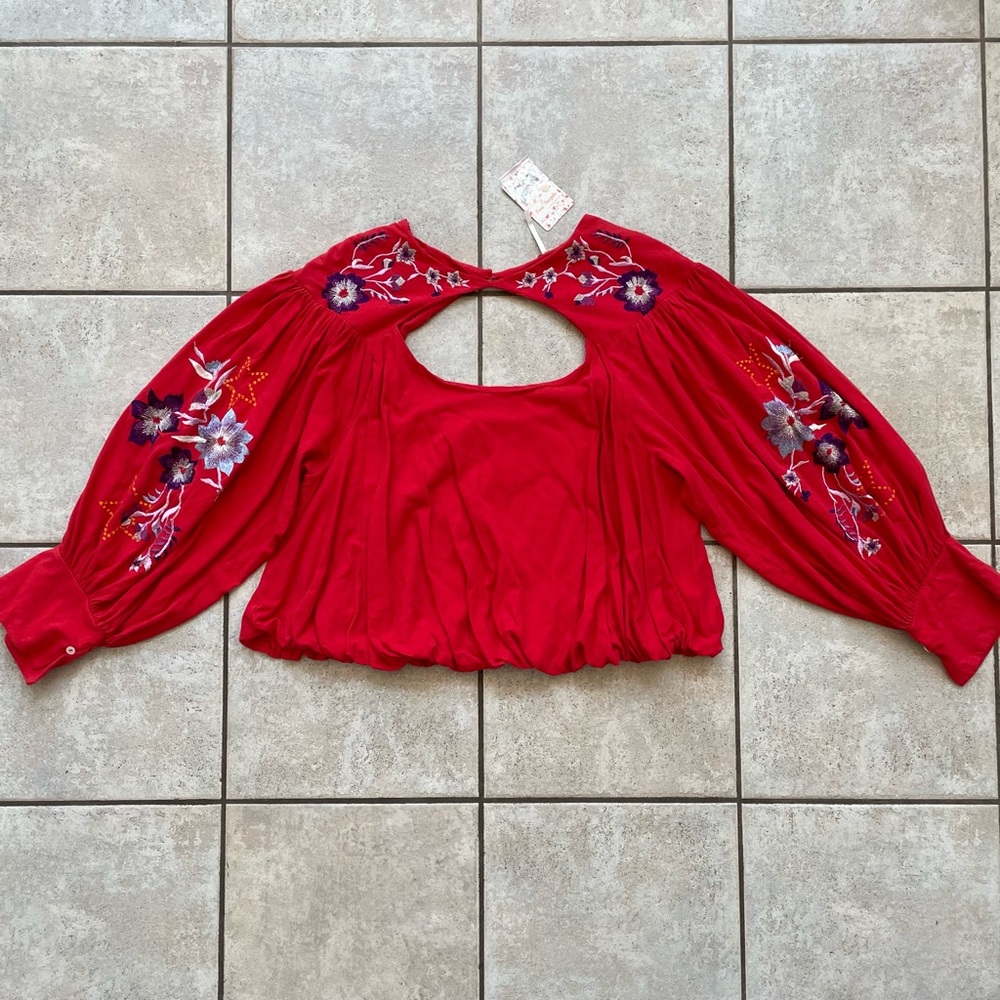 Free People - Red Lita Embroidered Floral Top - Size Large